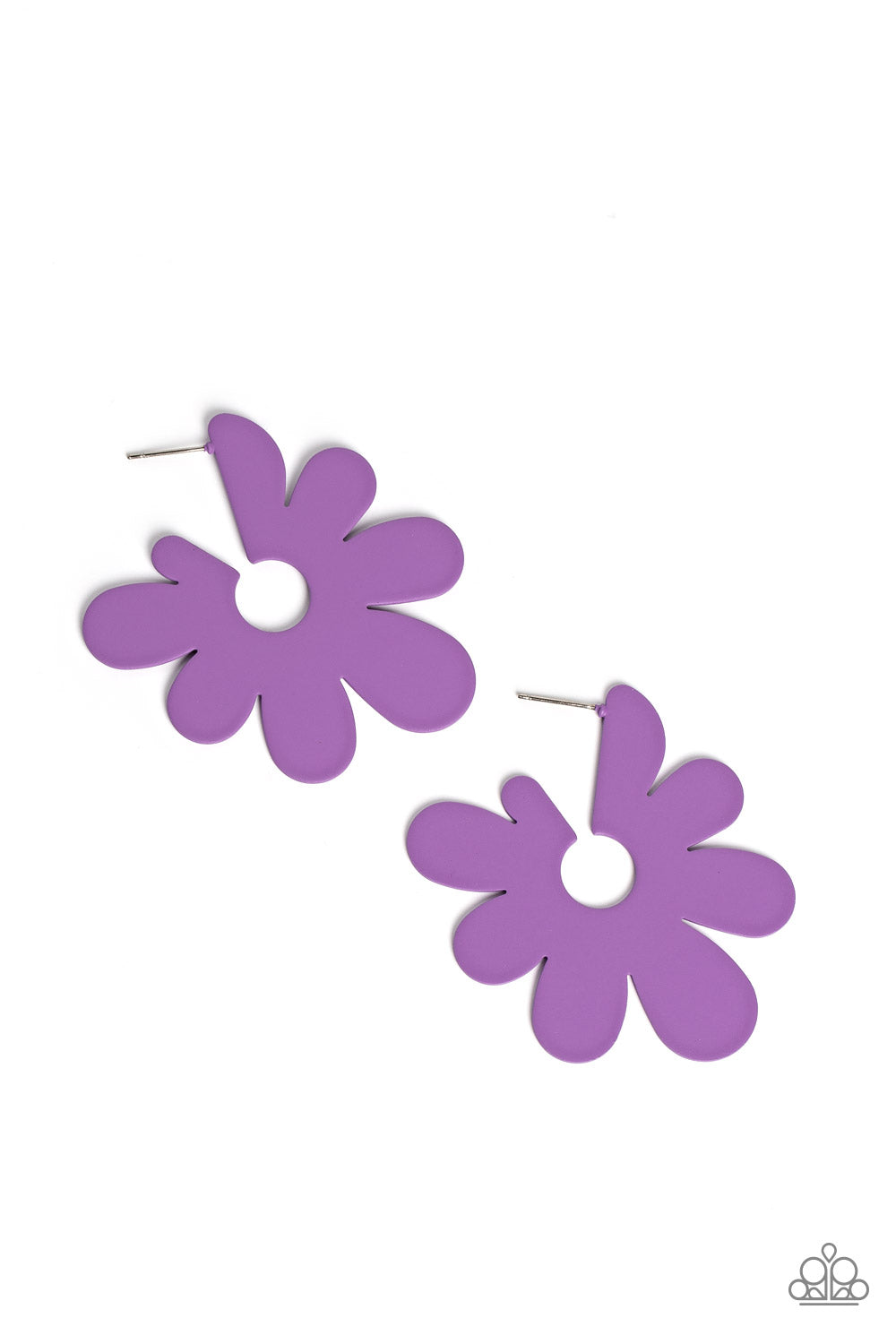 Paparazzi Accessories - Flower Power Fantasy - Purple EMP 2023 Earrings Asymmetrical, oversized purple petals bloom into an abstract flower hoop for a fashionable, attention-grabbing pop of color around the ear. Earring attaches to a standard post fitting. Hoop measures approximately 2" in diameter.  Sold as one pair of hoop earrings.