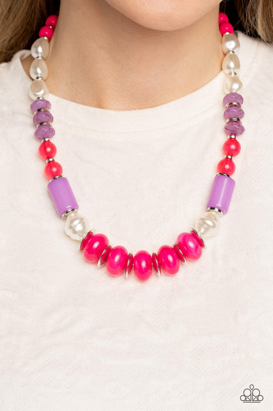 Paparazzi Accessories - A Sheen Slate - Pink Necklaces silver accents and discs combine with a collection of solid, cloudy, and crackle beads in varying sizes and colors, to create a modern design threaded along a classic silver chain. The shades of Pink Peacock and Lavender create a vibrant and showy palette, with pearly white accents interspersed for a hint of refinement. Features an adjustable clasp closure.  Sold as one individual necklace. Includes one pair of matching earrings.