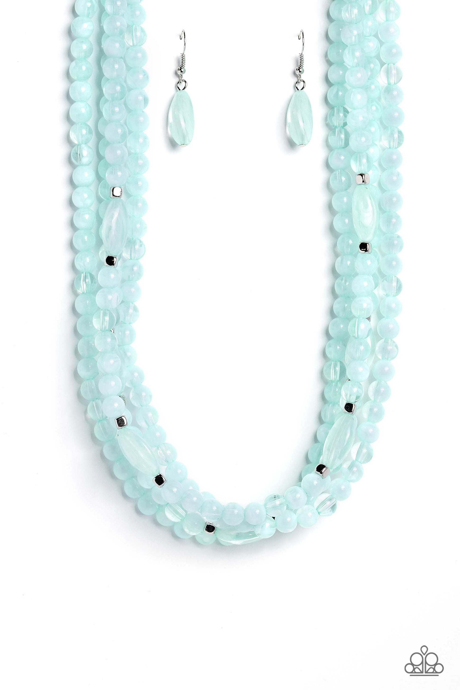 Paparazzi Accessories - Layered Lass - Blue Bead Necklaces varying in shape and color, a collection of milky round and oval Skylight beads are threaded along invisible wires below the collar. Shiny silver cube beads are sprinkled throughout the strands, adding hints of shimmer to the vibrant layers. Features an adjustable clasp closure.  Sold as one individual necklace. Includes one pair of matching earrings.