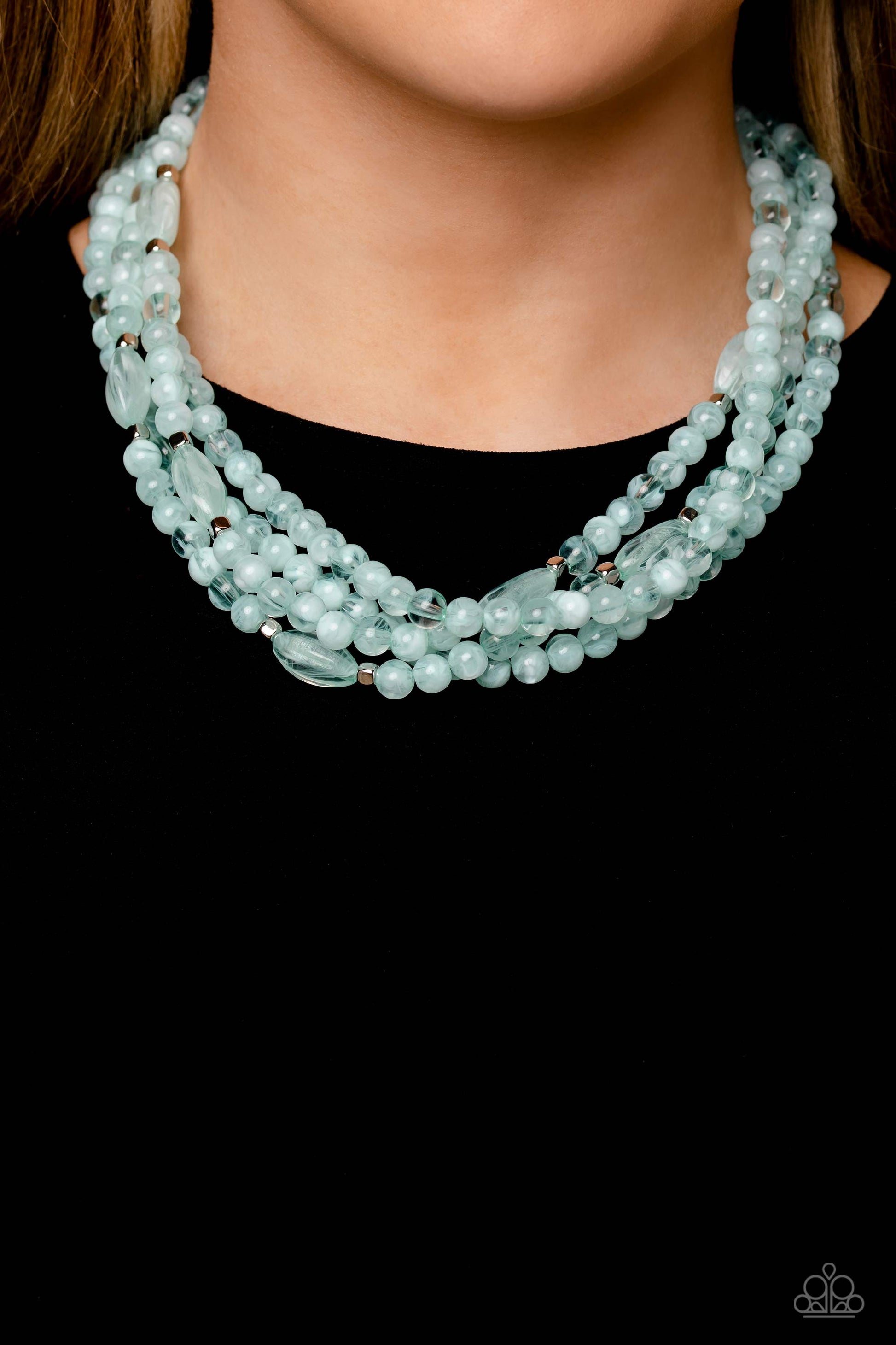 Paparazzi Accessories - Layered Lass - Blue Bead Necklaces varying in shape and color, a collection of milky round and oval Skylight beads are threaded along invisible wires below the collar. Shiny silver cube beads are sprinkled throughout the strands, adding hints of shimmer to the vibrant layers. Features an adjustable clasp closure.  Sold as one individual necklace. Includes one pair of matching earrings.