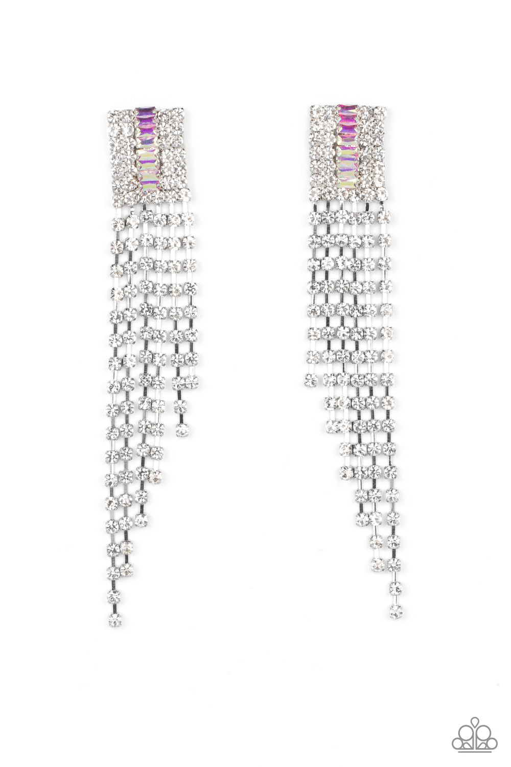 A-Lister Affirmations - Iridescent May 2022 Life of the Party Earrings a smattering of iridescent stones in the center of a glittering square of rhinestones is dazzling with various lengths of dripping rhinestones. Earring attaches to a standard post fitting.  Sold as one pair of post-style earrings.  May 2022 Life of the Party Exclusive item