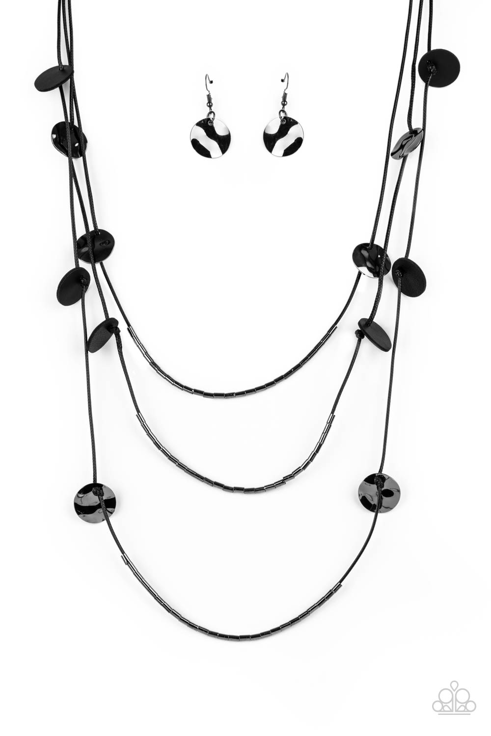 Alluring Luxe - Black Long Leather Necklaces shining wavy gunmetal discs and black leather discs adorn a trio of lengthened subtly shimmering black cords. Rows of dainty gunmetal cylinders are threaded along the bottom of each cord adding luxurious allure to the piece. Features an adjustable clasp closure.