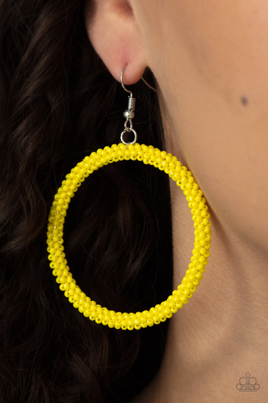 Beauty And the Beach - Yellow Seed Bead Earrings a dainty strand of Illuminating seed beads wrap around a silver hoop, creating a bubbly hoop. Earring attaches to a standard fishhook fitting.  Sold as one pair of earrings.