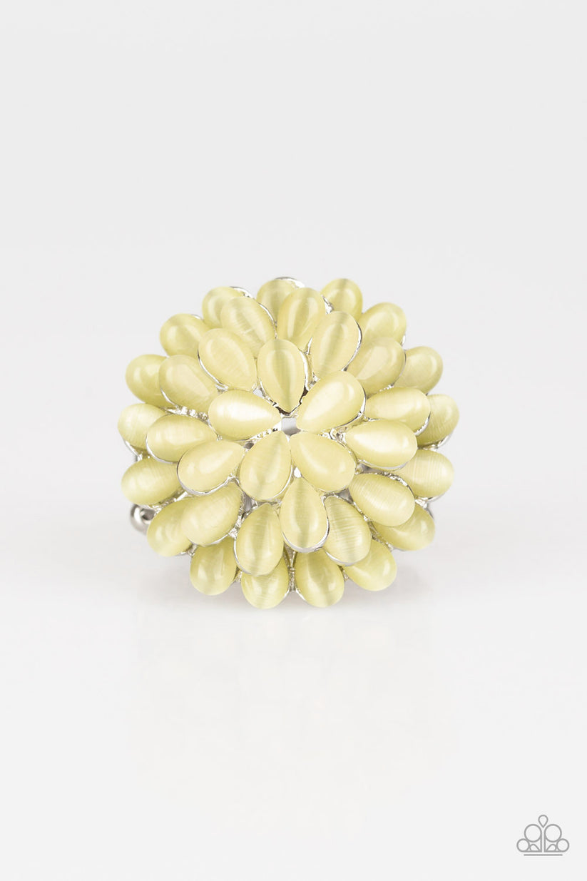 Paparazzi Accessories - Blooming Bloomer - Yellow Rings row after row of teardrop cat's eye stones stack into a blast of yellow petals atop the finger, creating a whimsical blossom. Features a stretchy band for a flexible fit.  Sold as one individual ring.