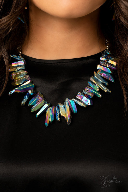 Paparazzi Accessories Charismatic - Zi Collection Necklaces featuring an oil spill iridescence, raw cut pieces of hematite are threaded along an invisible wire below the collar for a colorfully courageous look. Features an adjustable clasp closure.  Sold as one individual necklace. Includes one pair of matching earrings.