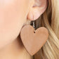 Country Crush - Brown Heart Leather Earrings a tan leather heart frame swings from the ear for a flirtatiously neutral pop of color. Earring attaches to a standard fishhook fitting.  Sold as one pair of earrings.  Paparazzi Jewelry is lead and nickel free so it's perfect for sensitive skin too!