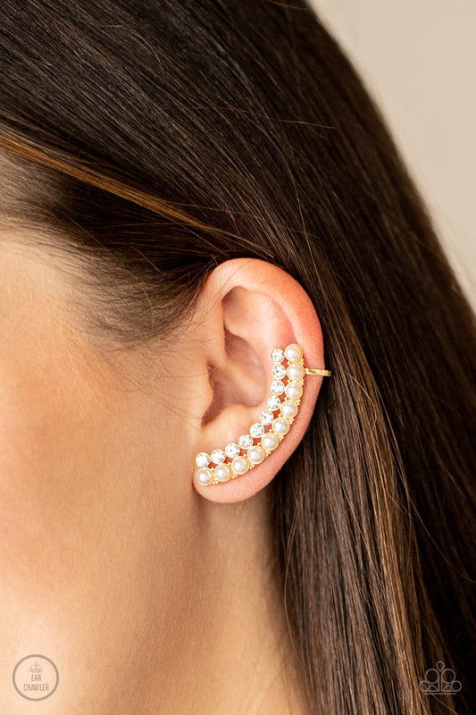 Double Down on Dazzle - Gold Pearls and Rhinestones Ear Crawlers featuring classic gold fittings, two rows of dainty white pearls and glassy white rhinestones arch into a timeless statement piece. Earring attaches to a standard post earring. Features a clip-on fitting at the top for a secure fit.  Sold as one pair of ear crawlers.