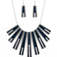 FAN-tastically Deco - Blue Necklaces encased in daintily dotted silver frames, a row of flared silver bars painted in a glossy Navy Blue fans out across the collar. A column of sparkling white rhinestones rises from the bottom of each frame, creating a dramatically deco finish as they sway from a round silver chain. Features an adjustable clasp closure.  Sold as one individual necklace. Includes one pair of matching earrings.  Paparazzi Jewelry is lead and nickel free so it's perfect for sensitive skin too!