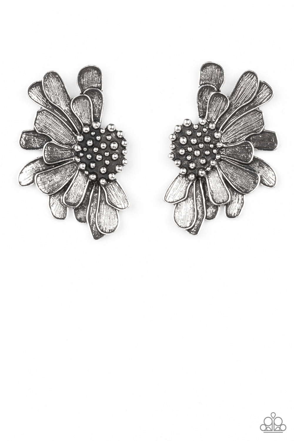 Paparazzi Farmstead Meadow - Silver April Life of the Party Earrings imperfect silver petals bloom from a studded center, layering into a rustic half blossom for a whimsical flair. Earring attaches to a standard post fitting.  Sold as one pair of post earrings.  Life of the Party exclusive item April 2022.  