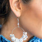Floating Gardens - White Pearl Life of the Party Earrings a timeless collection of iridescent crystal-like accents, dainty white pearls, and white floral frames delicately cluster along the bottom of a silver hoop, creating a glamorous glow. Earring attaches to a standard fishhook fitting.  Sold as one pair of earrings.