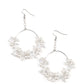 Floating Gardens - White Pearl Life of the Party Earrings a timeless collection of iridescent crystal-like accents, dainty white pearls, and white floral frames delicately cluster along the bottom of a silver hoop, creating a glamorous glow. Earring attaches to a standard fishhook fitting.  Sold as one pair of earrings.