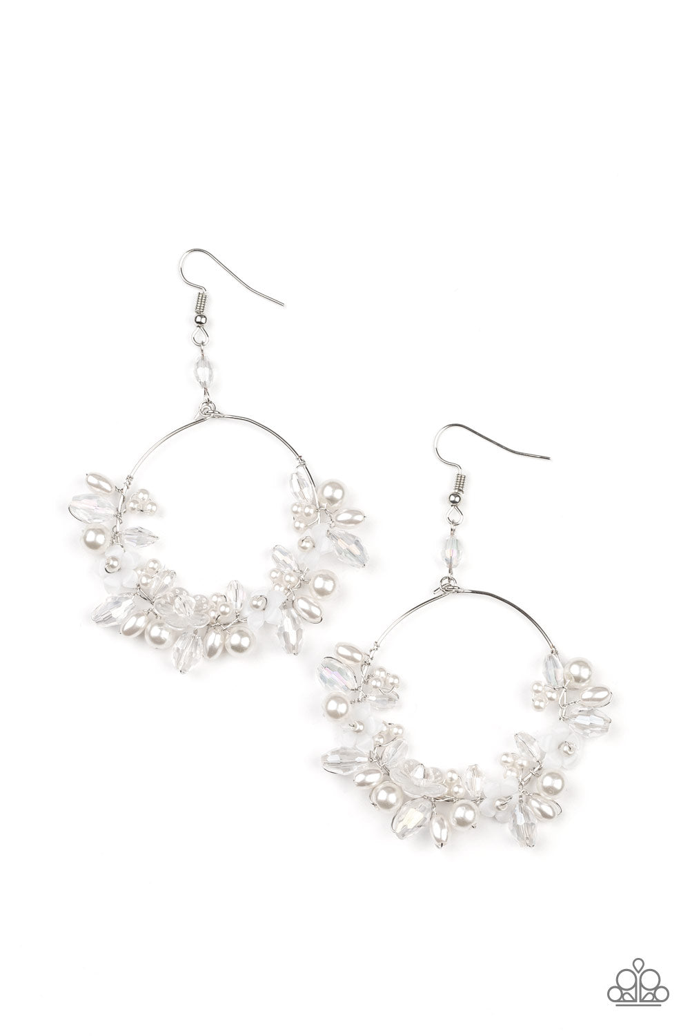 Floating Gardens - White Pearl Life of the Party Earrings a timeless collection of iridescent crystal-like accents, dainty white pearls, and white floral frames delicately cluster along the bottom of a silver hoop, creating a glamorous glow. Earring attaches to a standard fishhook fitting.  Sold as one pair of earrings.