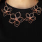 Paparazzi Accessories Flower Garden Fashionista - Copper Necklaces shiny copper wire delicately twists into oversized blossoms. Varying in size, the airy floral frames delicately link into an asymmetrical display as the layered frames elegantly pop beneath the collar. Features an adjustable clasp closure.