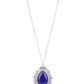 Frozen Gardens - Blue Teardrop Necklaces dotted in glittery white rhinestones, leafy silver frames nestle around a glowing Classic Blue cat's eye teardrop center, creating a regal pendant at the bottom of a lengthened silver chain. Features an adjustable clasp closure.  Sold as one individual necklace. Includes one pair of matching earrings.