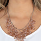 Garden Fairytale - Brown Teardrop Necklaces shimmery collection of opaque and clear crystal-like brown teardrop beads delicately cluster along a linked strand of silver bars, creating an ethereally leafy fringe below the collar. Features an adjustable clasp closure.  Sold as one individual necklace. Includes one pair of matching earrings.