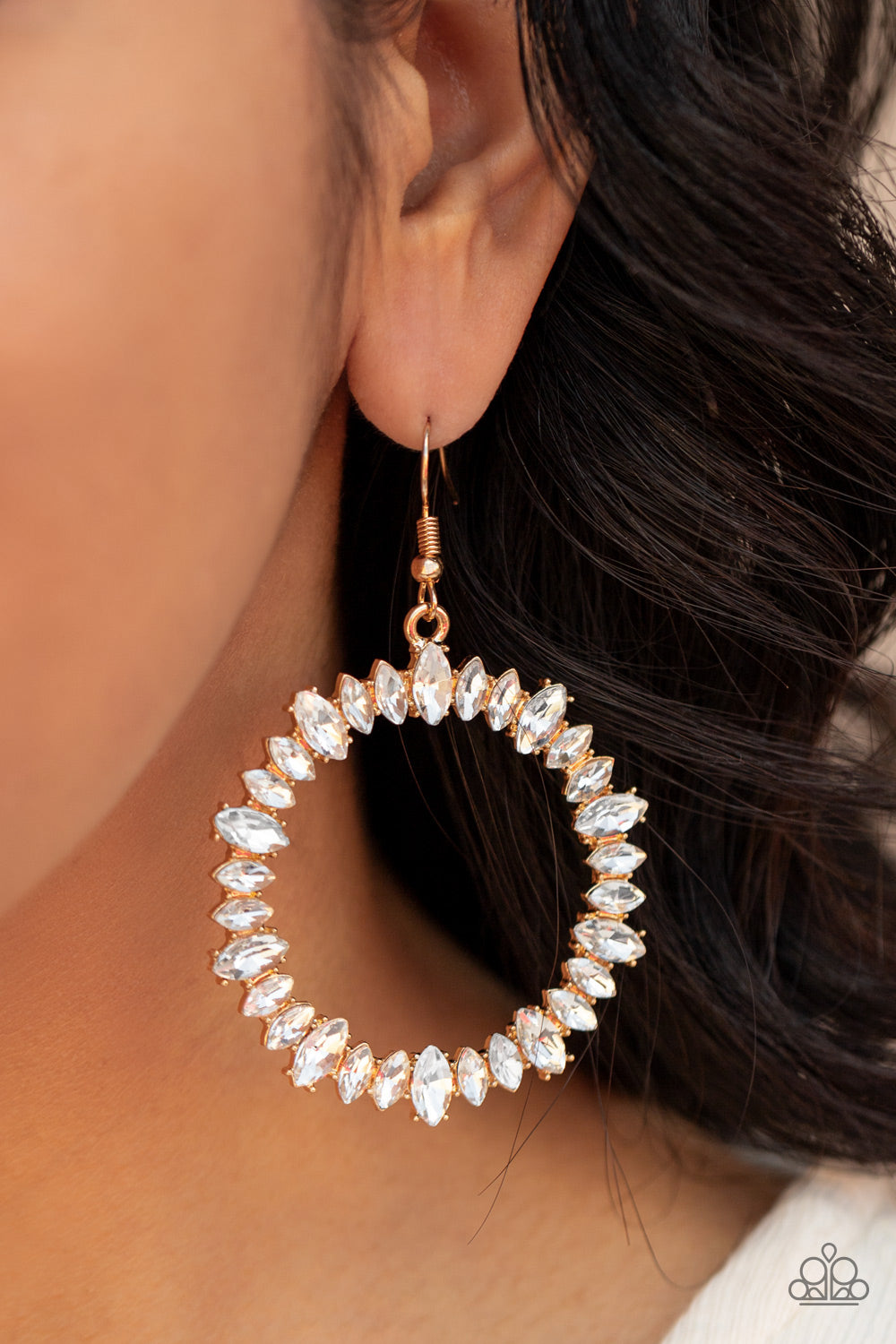 Paparazzi Accessories Glowing Reviews - Gold Fishhook Earrings encased in gold pronged fittings, an incandescent array of white marquise cut rhinestones delicately coalesce into a glowing hoop. Earring attaches to a standard fishhook fitting.