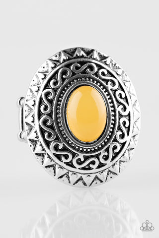 Paparazzi Accessories - Hello Sunshine - Yellow Stone Rings  A glowing yellow stone is pressed in the center of a dramatic silver frame radiating with shimmery sunburst details for a seasonal look. Features a stretchy band for a flexible fit.  Sold as one individual ring.