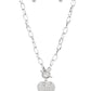 If You LUST - White Rhinestone Heart Necklaces a white rhinestone dotted silver heart frame sparkles from a toggle closure at the center of an oval silver linked chain for a flirtatious fashion. Features a toggle closure.  Sold as one individual necklace. Includes one pair of matching earrings.