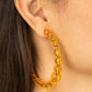 Paparazzi Accessories In the Clear - Orange Hoop Earrings gradually increasing in size at the center, a glassy collection of Marigold beads are threaded along an oversized hoop for a bubbly effect. Earring attaches to a stand post fitting. Hoop measures approximately 2 1/2" in diameter.  Sold as one pair of hoop earrings.  Paparazzi Jewelry is lead and nickel free so it's perfect for sensitive skin too!