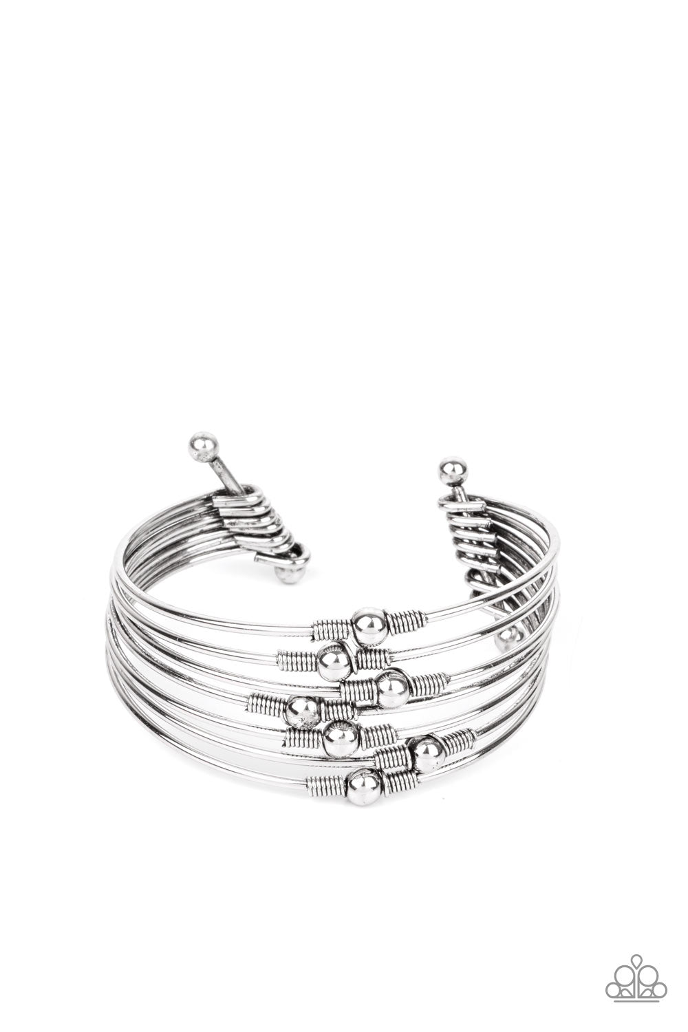 Industrial Intricacies - Silver Cuff Bracelets held in place by silver wire fittings, classic silver beads haphazardly dot dainty silver bars that connect into a layered cuff around the wrist.  Sold as one individual bracelet.