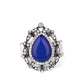 Iridescently Icy - Blue Ring dotted in glittery white rhinestones, leafy silver frames nestle around a glowing Classic Blue cat's eye teardrop center, creating a regal centerpiece atop the finger. Features a stretchy band for a flexible fit.  Sold as one individual ring.
