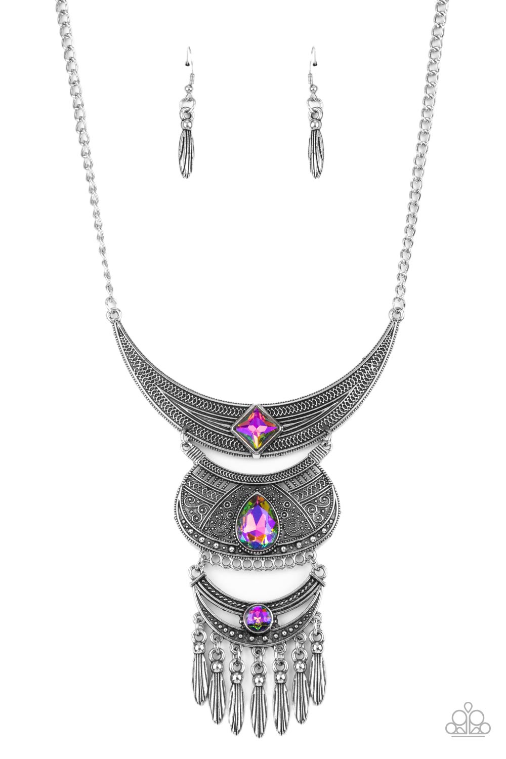 Lunar Enchantment - Multi Iridescent Necklaces embossed in studded, geometric, and paisley filigree-like patterns, three mismatched silver half moon plates dramatically link below the collar. Featuring an iridescent UV shimmer, an oversized collection of square, teardrop, and round rhinestones embellish the decorative silver frames, while a silver beaded fringe swings from the lowermost plate for a noisemaking finish. Features an adjustable clasp closure.
