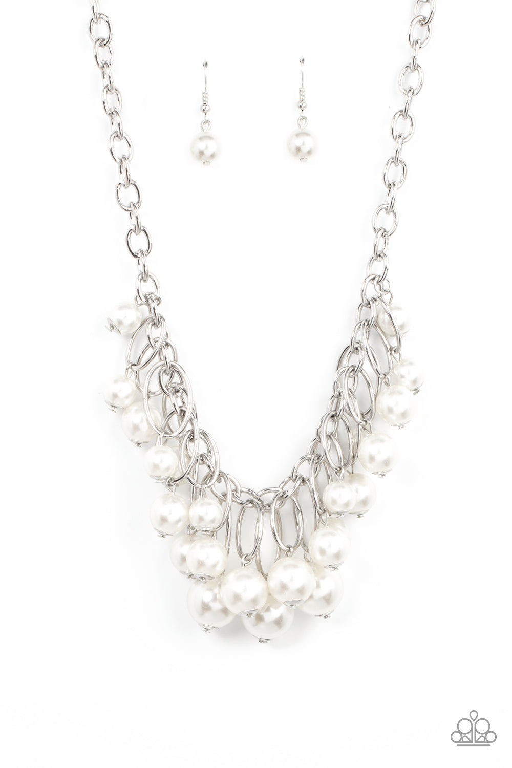 Powerhouse Pose - White Pearl Life of the Party Necklaces oversized white pearls dance from the bottoms of shiny silver ovals that delicately cluster along a chunky silver chain, resulting in a luxurious fringe below the collar. Features an adjustable clasp closure.  Sold as one individual necklace. Includes one pair of matching earrings.