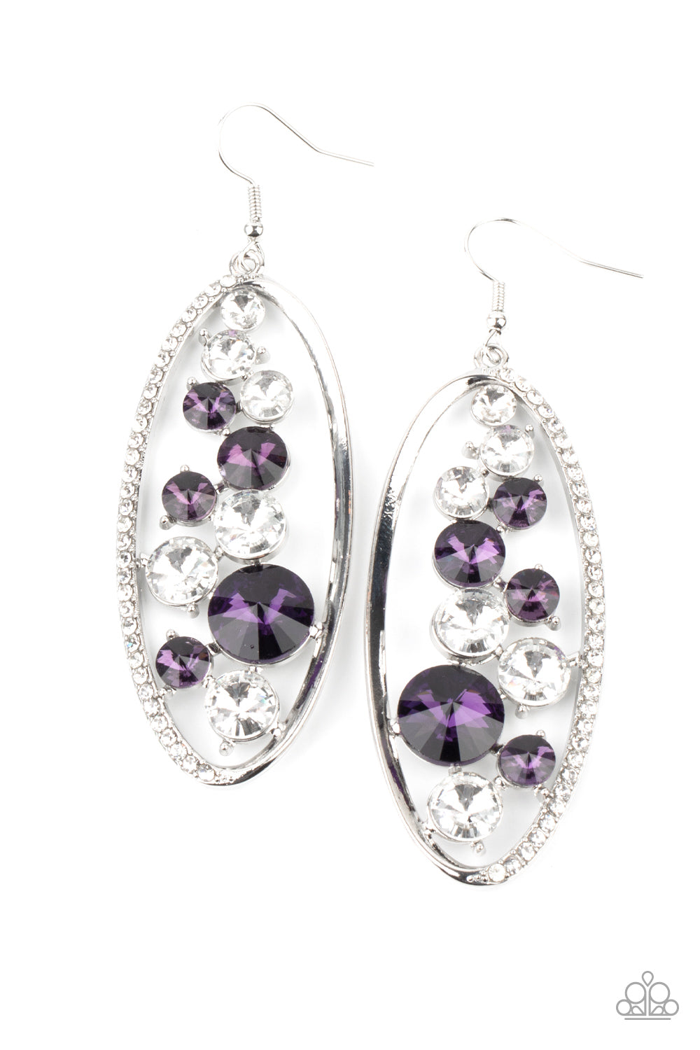 Rock Candy Bubbly - Purple Rhinestone Necklaces - Paparazzi Accessories oversized collection of glassy white and glittery purple rhinestones sparkle inside a silver oval frame. One side of the frame is encrusted in dainty white rhinestones, adding a refined flair to the bubbly lure. Earring attaches to a standard fishhook fitting.  Sold as one pair of earrings.