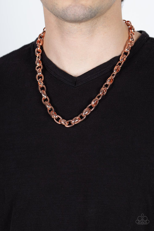 Rookie of the Year - Copper Link Necklaces a chunky collection of bold shiny copper links interlock across the chest, creating an intense industrial centerpiece. Features an adjustable clasp closure.  Sold as one individual necklace.