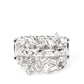 Paparazzi Scattered Sensation - White April 2022 Life of the Party Rings dotted in dainty white rhinestones, a single silver band separates a haphazard explosion of round and emerald cut rhinestones across the finger. Features a stretchy band for a flexible fit.  Sold as one individual ring.   Life of the Party exclusive item April 2022.  