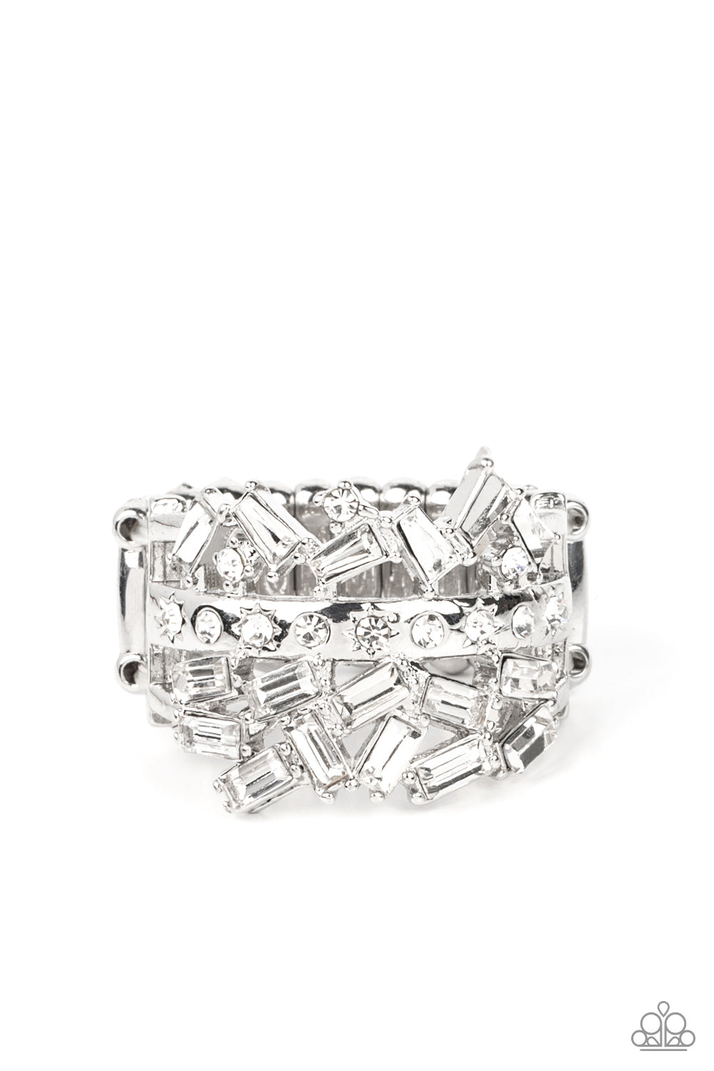 Paparazzi Scattered Sensation - White April 2022 Life of the Party Rings dotted in dainty white rhinestones, a single silver band separates a haphazard explosion of round and emerald cut rhinestones across the finger. Features a stretchy band for a flexible fit.  Sold as one individual ring.   Life of the Party exclusive item April 2022.  