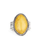 Paparazzi Accessories Stone Samba - Yellow Rings a smooth yellow stone is pressed into a studded silver frame with asymmetrical borders. Features a stretchy band for a flexible fit.  Sold as one individual ring.