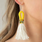 The Dustup - Yellow Earrings a tassel of soft white cotton fans out under rows of brightly colored seed beads. Anchored by a loop of vibrant yellow floss, the eye-catching style swings from the ear for a show-stopping statement. Earring attaches to a standard fishhook fitting.  Sold as one pair of earrings.  Paparazzi Jewelry is lead and nickel free so it's perfect for sensitive skin too!