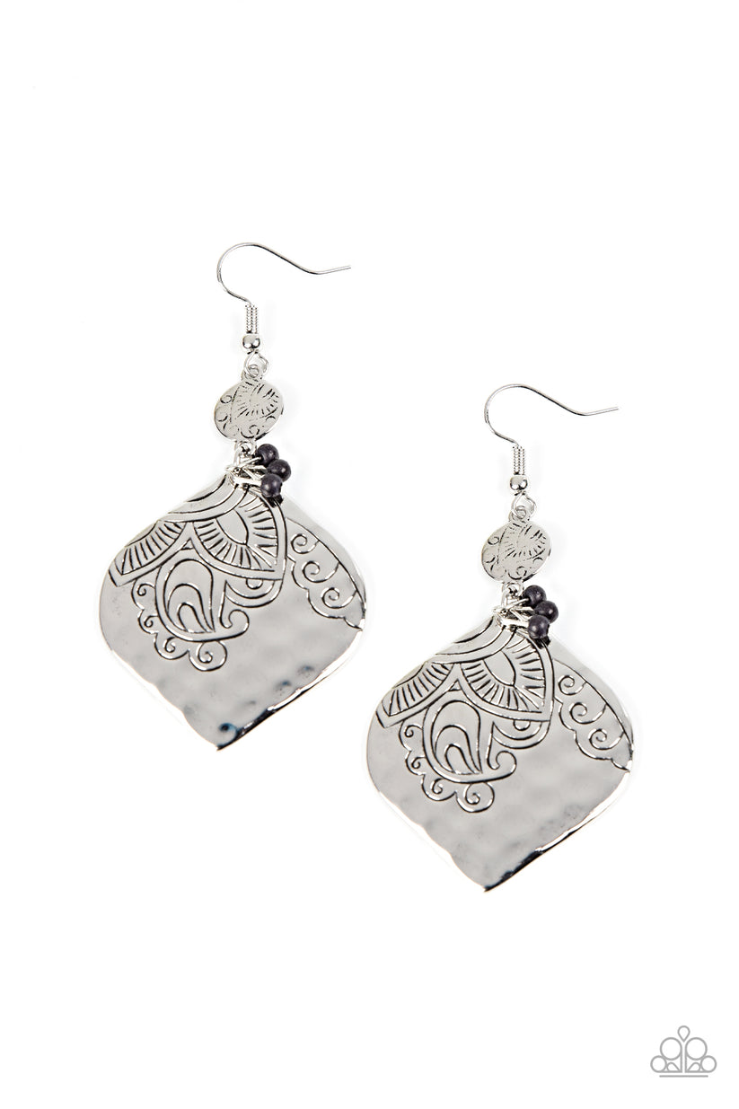Paparazzi Accessories - Tropical Terrace - Black Earrings a dainty silver disc and hammered teardrop frame are stamped in a tropical floral pattern as they link into a shimmery lure. A cluster of dainty black beads is added to the whimsical display, invoking a pop of seasonal color. Earring attaches to a standard fishhook fitting.  Sold as one pair of earrings.