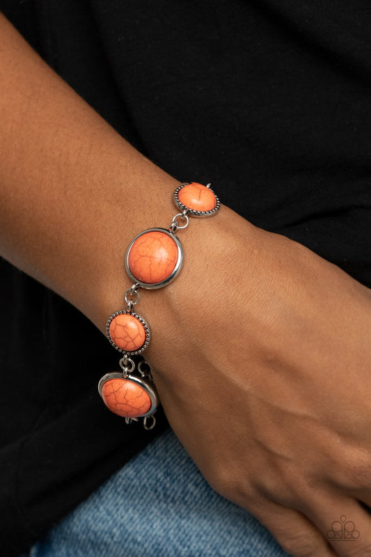 Turn Up the Terra - Orange Stone Bracelets  featuring studded and plain silver frames, small and large orange stones delicately alternate around the wrist for a rustic flair. Features an adjustable clasp closure.  Sold as one individual bracelet.  Get The Complete Look! Necklace: "Terrestrial Trailblazer - Orange" (Sold Separately)  Paparazzi Jewelry is lead and nickel free so it's perfect for sensitive skin too!