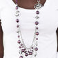 Paparazzi Accessories All the Trimmings - Purple Necklaces a silky purple ribbon replaces a traditional chain to create a timeless look. Pearly deep purple beads and funky silver pieces intermix with varying lengths of silver chains to give a fresh take on a Victorian-inspired piece.