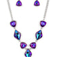 Set in silver frames, glittering geometric purple shapes with a UV shimmer delicately coalesce around the collar for a statement piece. Features an adjustable clasp closure. Due to its prismatic palette, color may vary.   Sold as one individual necklace. Includes one pair of matching earrings.