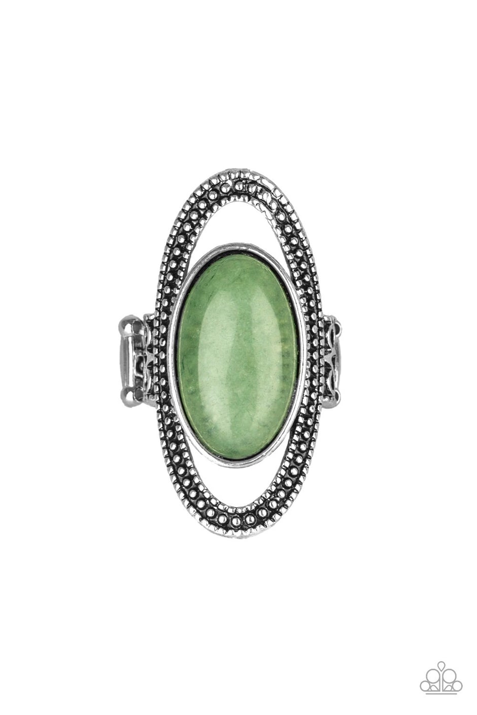 Western Royalty - Green Stone Rings a studded silver frame encircles an earthy stone center, creating a dramatic Southwestern inspired look atop the finger. As the stone elements in this piece are natural, some color variation is normal. Features a stretchy band for a flexible fit.

Sold as one individual ring.

